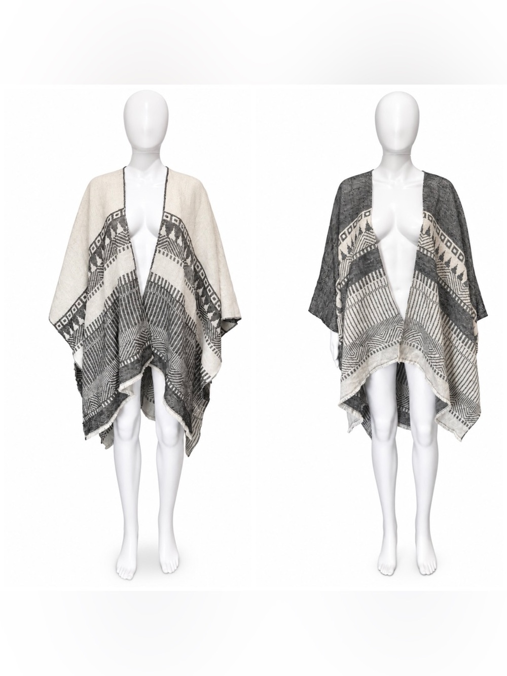 Boho Knit Poncho Sweater - Ivory and Charcoal